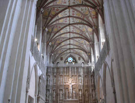 The high altar and ceiling of the Abbey and Cathedral of St Alban